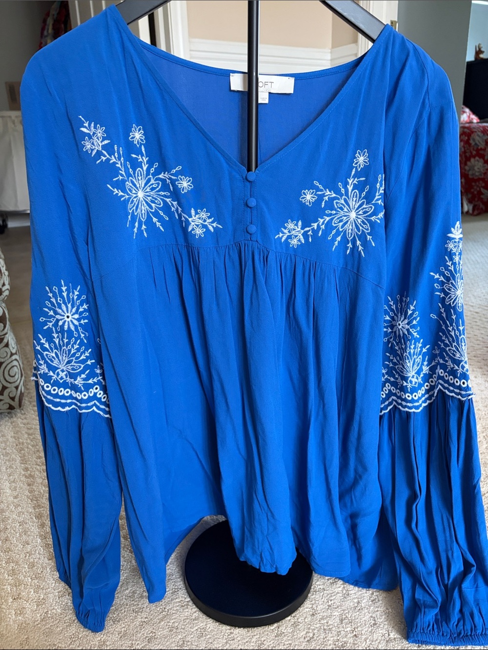 LOFT Cobalt Blue Embroidered V-Neck Boho Tunic